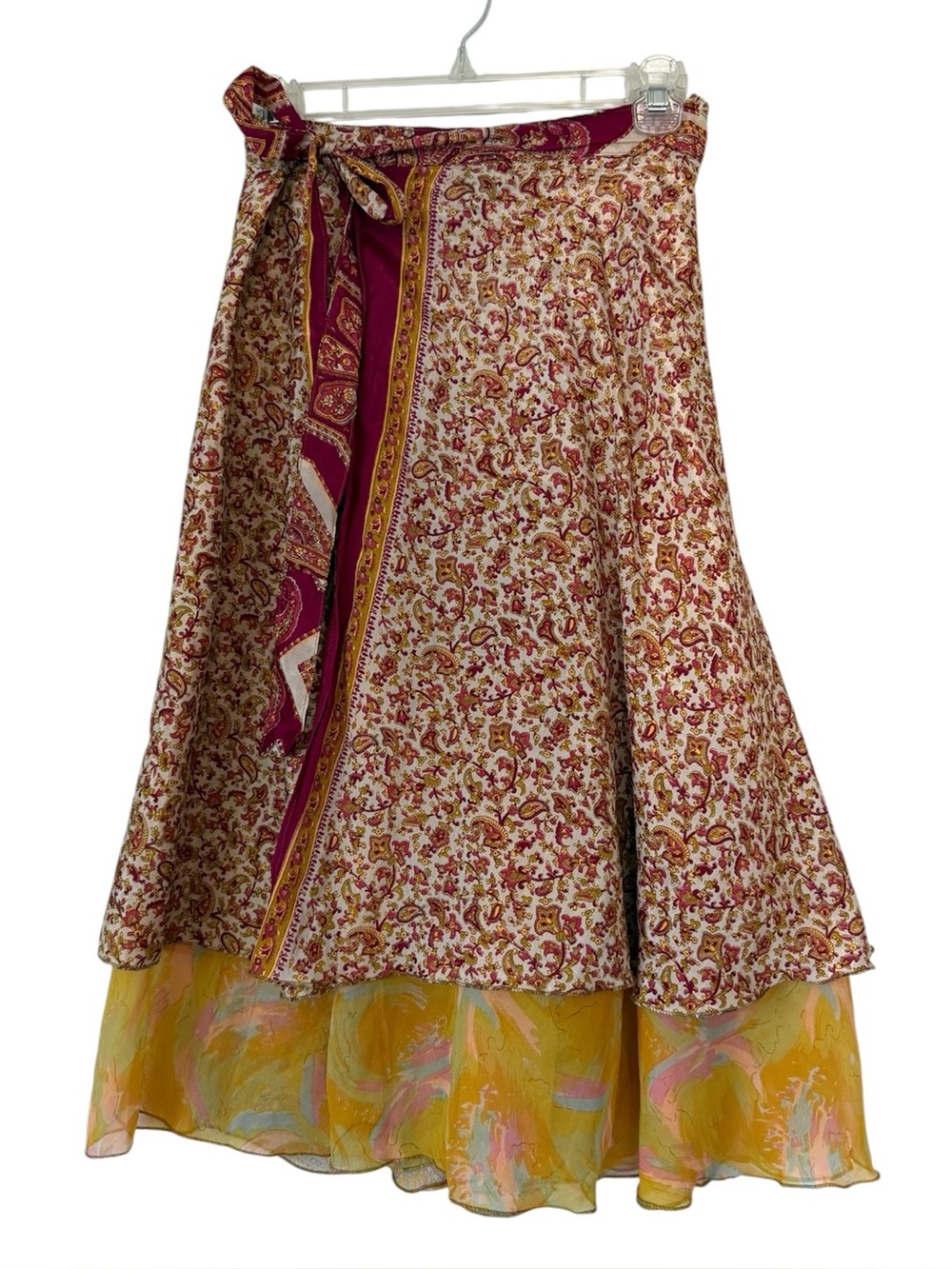 Urban Nomad 100% silk hippie boho layered tiered reversible wrap midi skirt